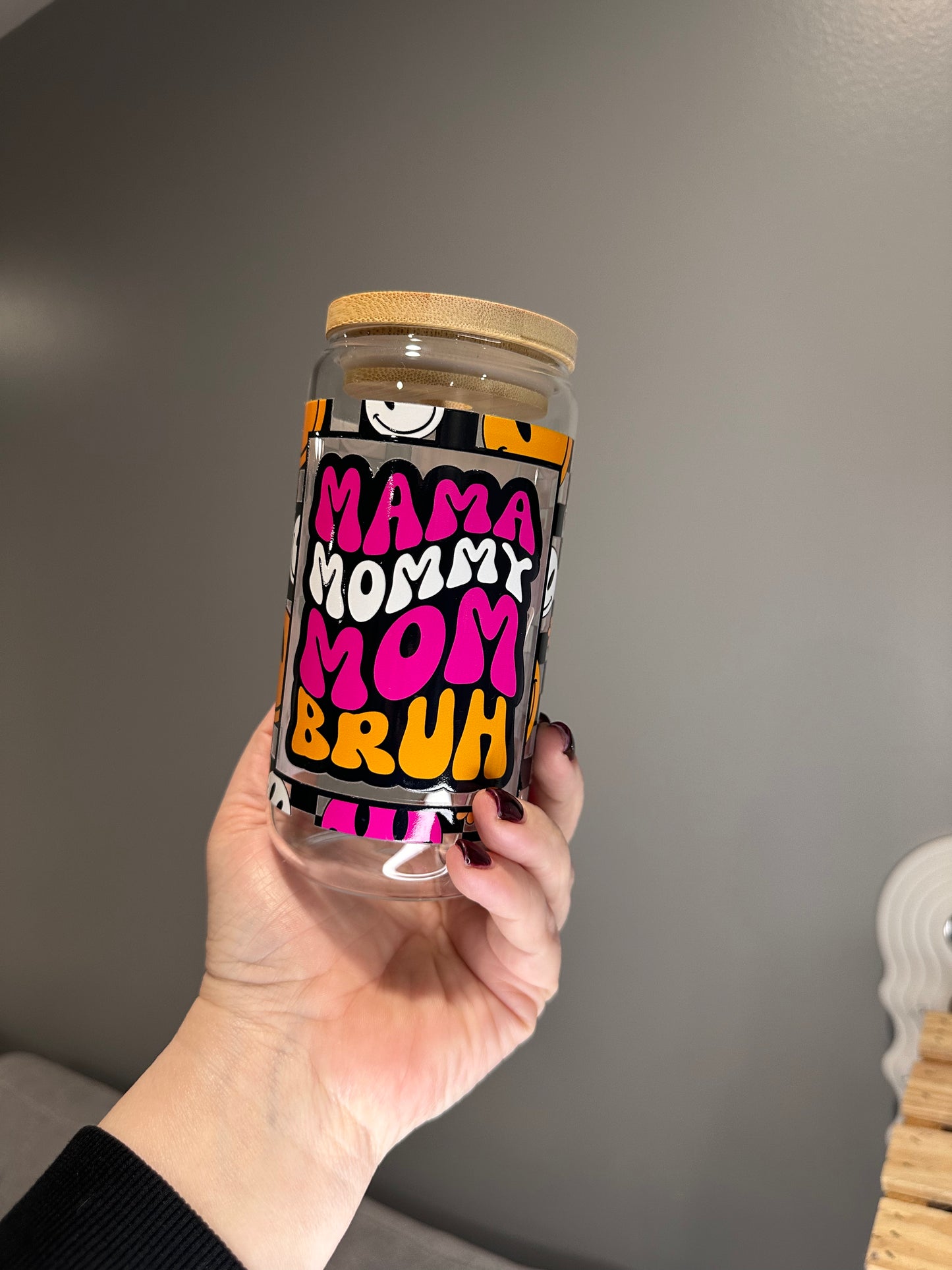 Mama to Bruh Glass Cup w/ Lid