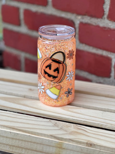Candy Corn Pumpkin Snow Globe Cup w/ Lid
