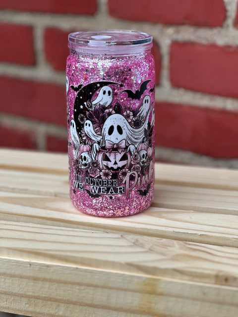 'October, We Wear Pink' Snow Globe Cup w/ Lid